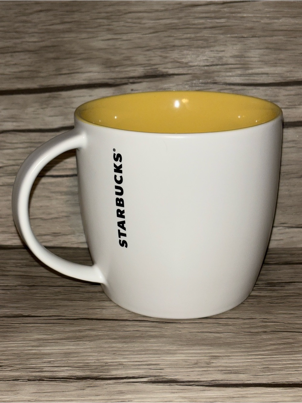 STARBUCKS 2011 Limited Edition White with Yellow Interior Barrel Coffee Tea Mug